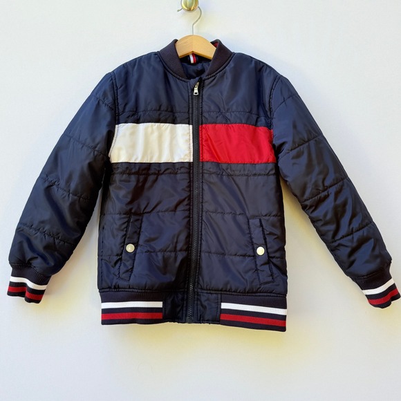 Tommy Hilfiger Kids 7 Puffer Bomber Jacket Coat Red White Navy Blue Flag Logo - Picture 1 of 6